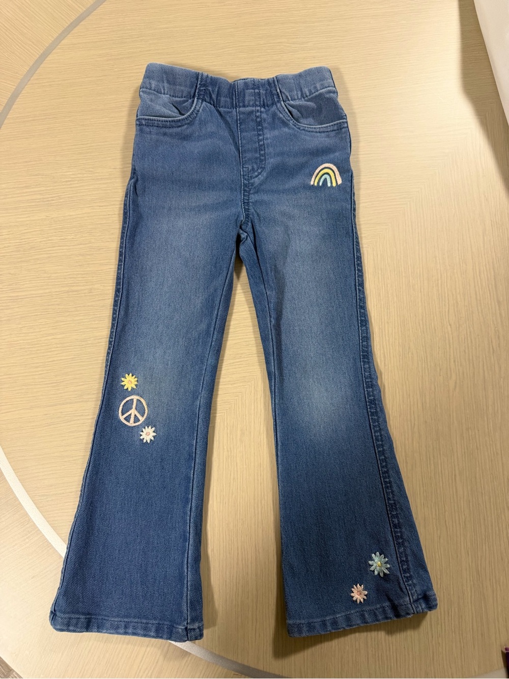Tucker Blue Denim Flare Jeans with Rainbow and Pastel Embroideries